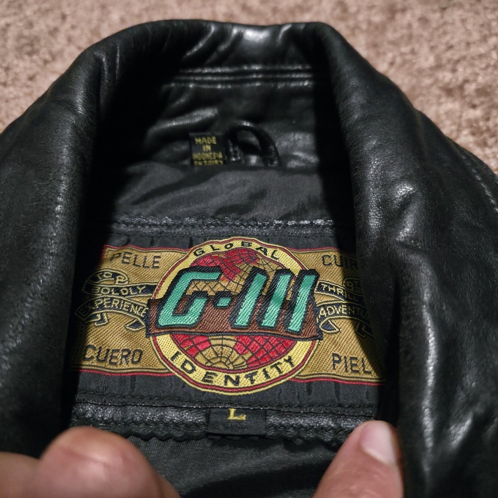 Global Identity G-III Black Leather Moto Mens Large Bomber Jacket Biker Coat - Picture 2 of 12